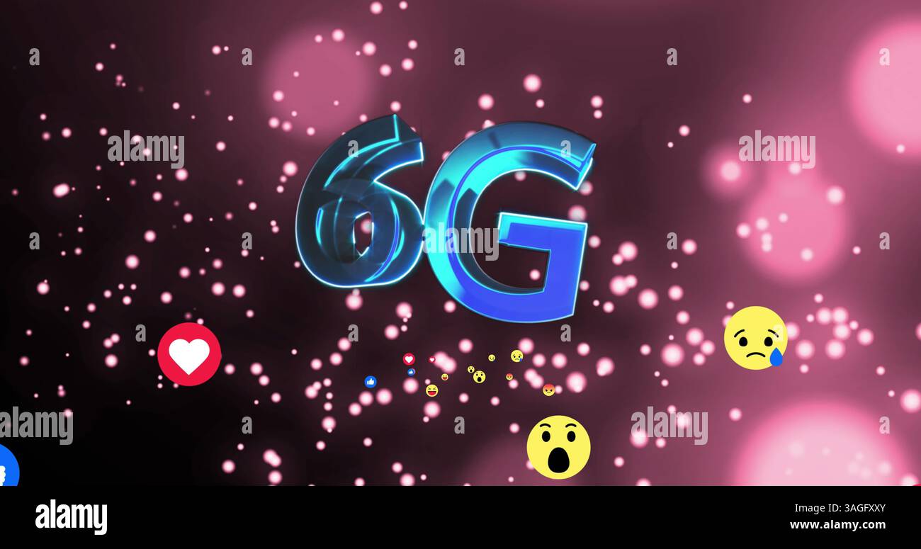 Bild von 6g-Text über digitalen Emoji-Symbolen Stockfoto