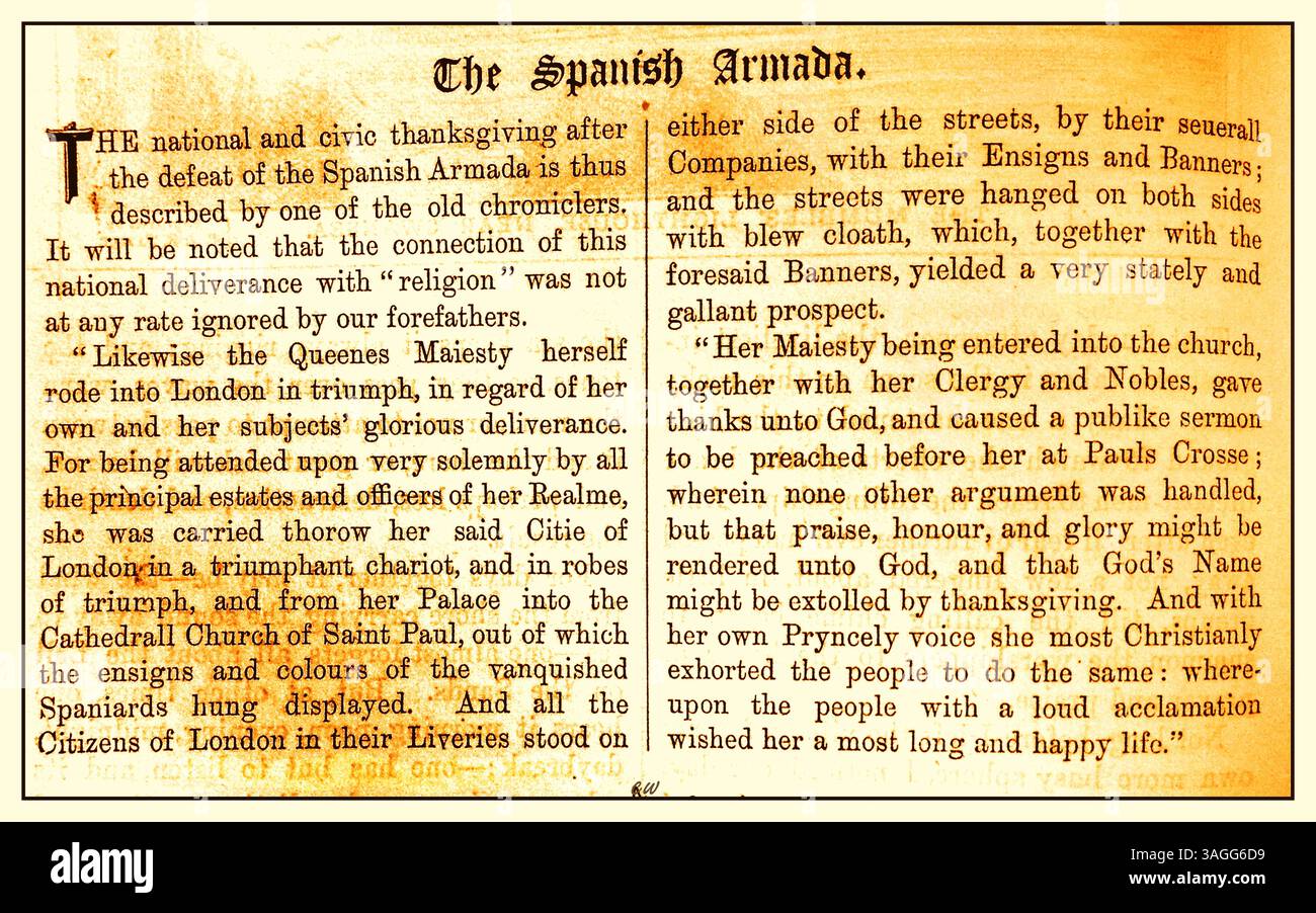 Ein Bericht aus dem 19. Jahrhundert über die Feierlichkeiten in London, Großbritannien, zur Zeit der Niederlage der spanischen Armada. -- UN relato reproducido en el siglo XIX de las celebraciones en Londres, Gran Bretaña, en el momento de la derrota de la Armada Española. Stockfoto