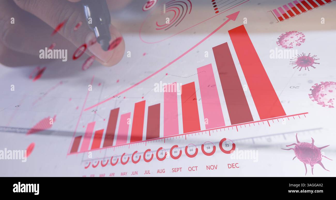 Abbildung von COVID-19-Zellen und Statistiken, die Fälle über Personen zeigen, die einen schwarzen Marker halten Stockfoto