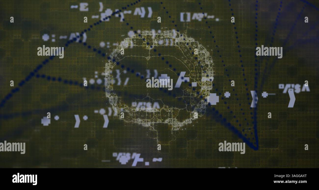 Bild eines 3D-DNA-Strangs, der mathematische Symbole und molekulare Strukturen spinnt, die gegen Spinn schweben Stockfoto
