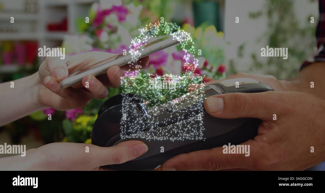 Bild eines Vorhängeschlosses für die Netzwerksicherheit über Personen, die ein Zahlungsterminal nutzen Stockfoto