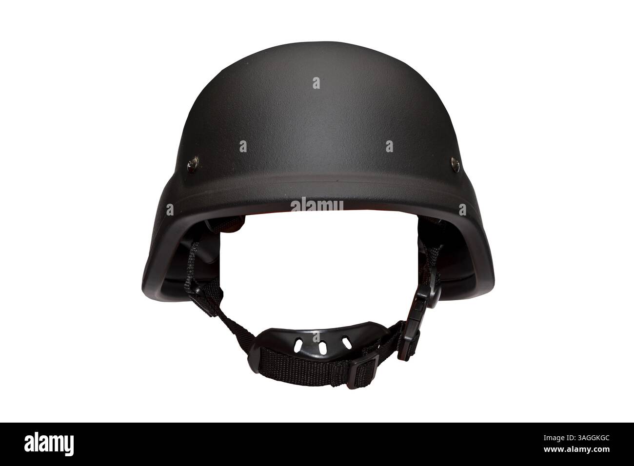 Fortgeschrittener Kampfhelm der US-Streitkräfte mit Kinnriemen auf weißem Hintergrund, isolieren. Militärische Ausrüstung und Ausrüstung für Soldaten. Stockfoto