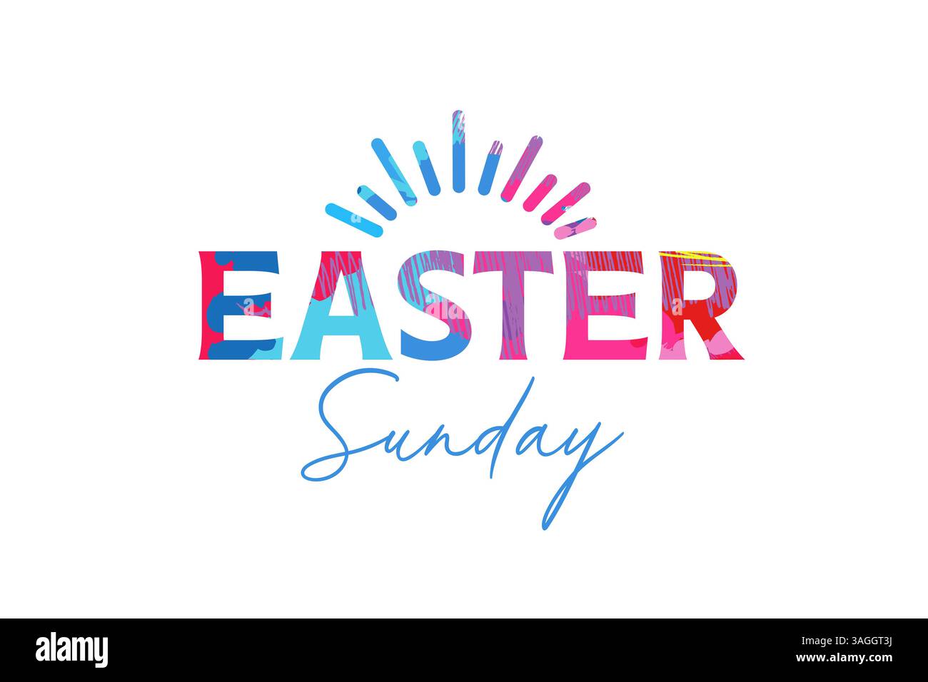 Ostersonntag-Logo mit farbenfrohem Pinselstrich-Typografie-Muster. Christus ist auferstanden, Happy Easter - kreatives Bannerdesign. Vektorabbildung Stock Vektor