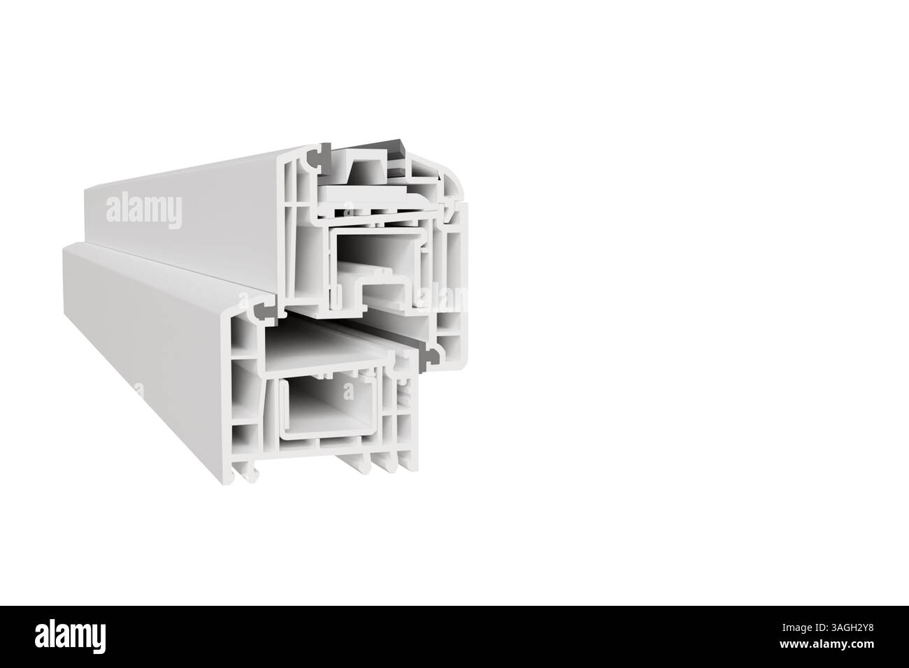 3D-Modell eines Fensterprofils im Schnitt auf weißem Hintergrund, Fensterdarstellung Stockfoto