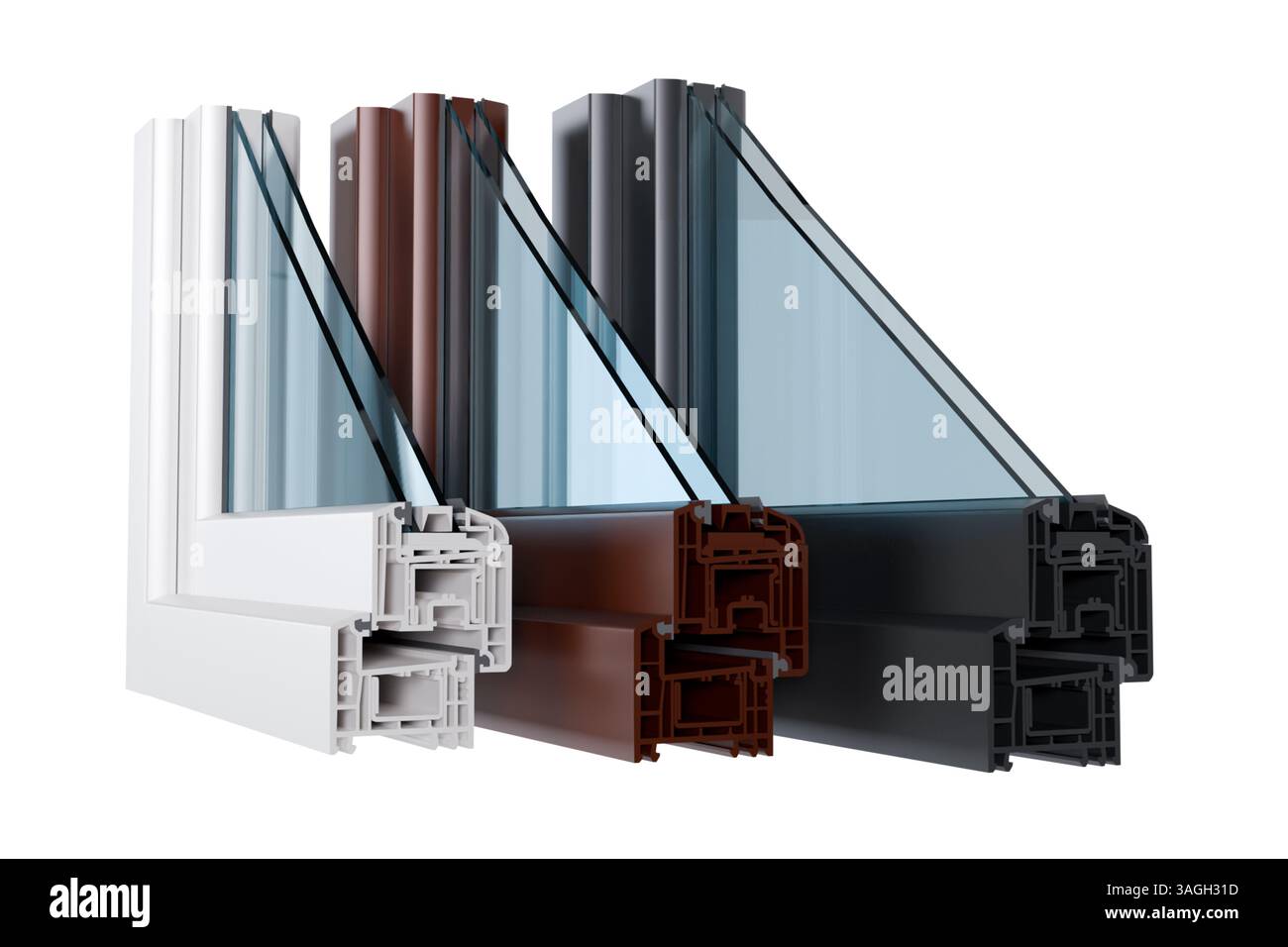 3D-Modell von Fensterprofilen im Schnitt mit weißer und grauer und brauner Farbe mit Glas auf weißem Hintergrund, Fensterdarstellung Stockfoto