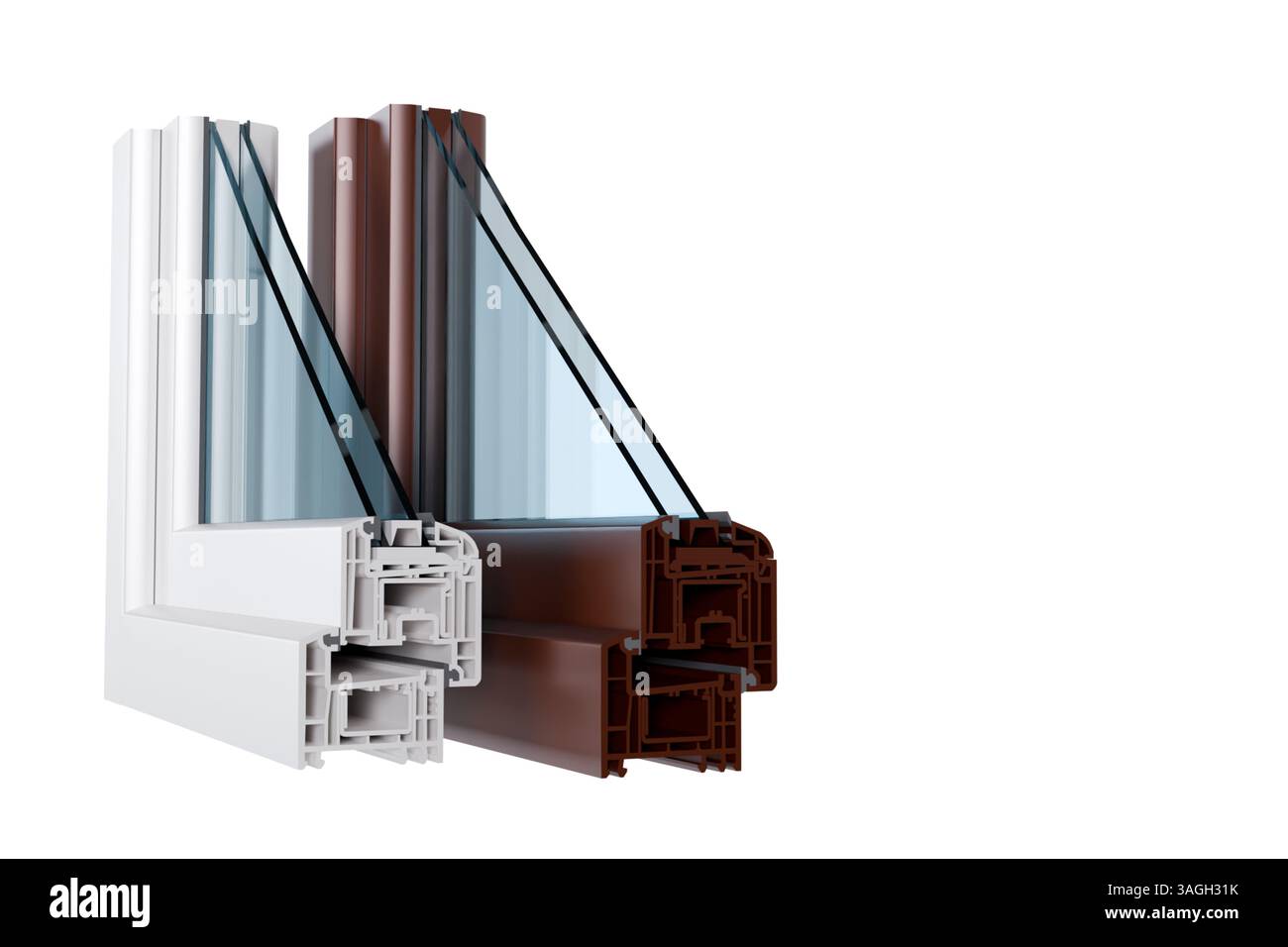 3D-Modell von Fensterprofilen im Schnitt mit weißer und brauner Farbe mit Glas auf weißem Hintergrund, Fensterdarstellung Stockfoto