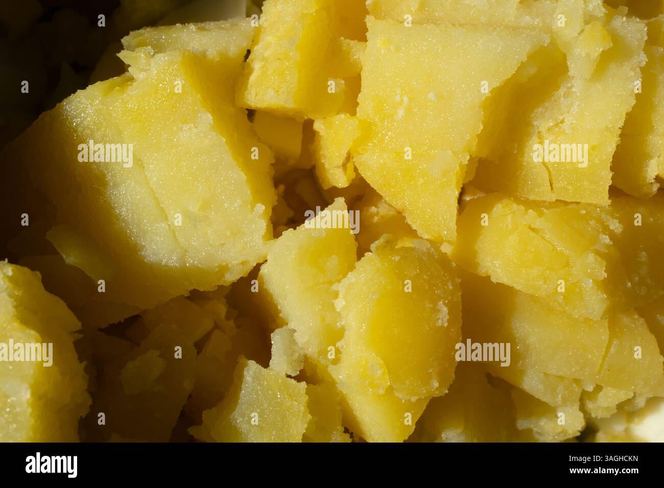 Gehackte gekochte Kartoffeln. Clouse-Up-Fotografie. Stockfoto