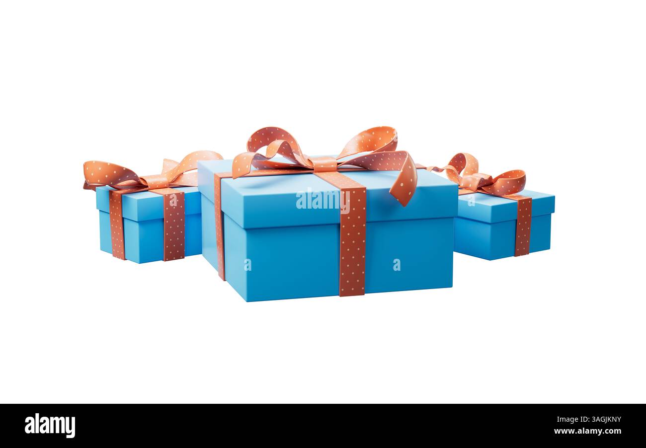 Blaue Geschenkboxen im Cartoon-Stil, 3D-Rendering. 3D-Abbildung. Stockfoto