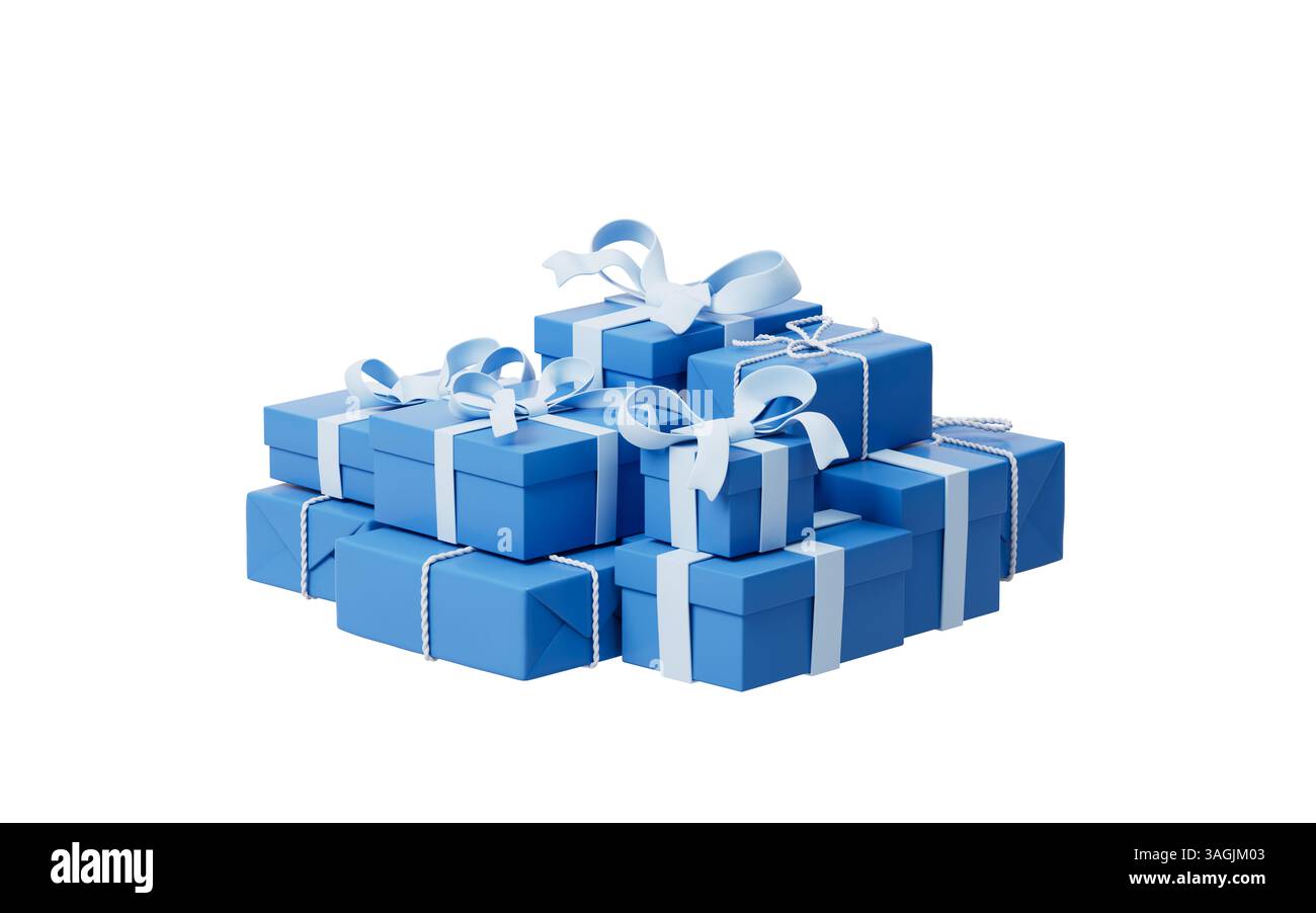 Stapel von Geschenkkartons im Cartoon-Stil, 3D-Rendering. 3D-Abbildung. Stockfoto