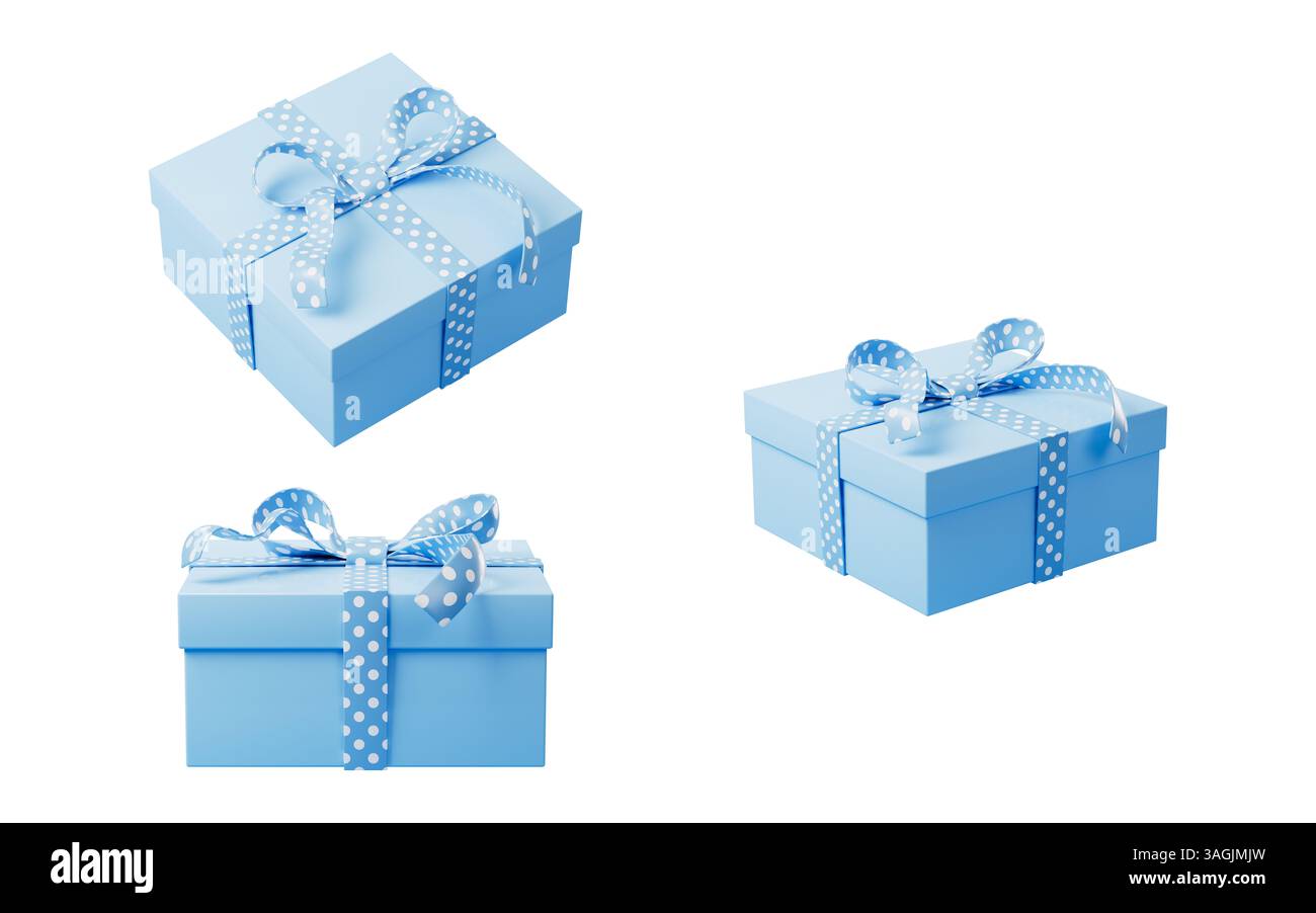 Blaue Geschenkboxen im Cartoon-Stil, 3D-Rendering. 3D-Abbildung. Stockfoto