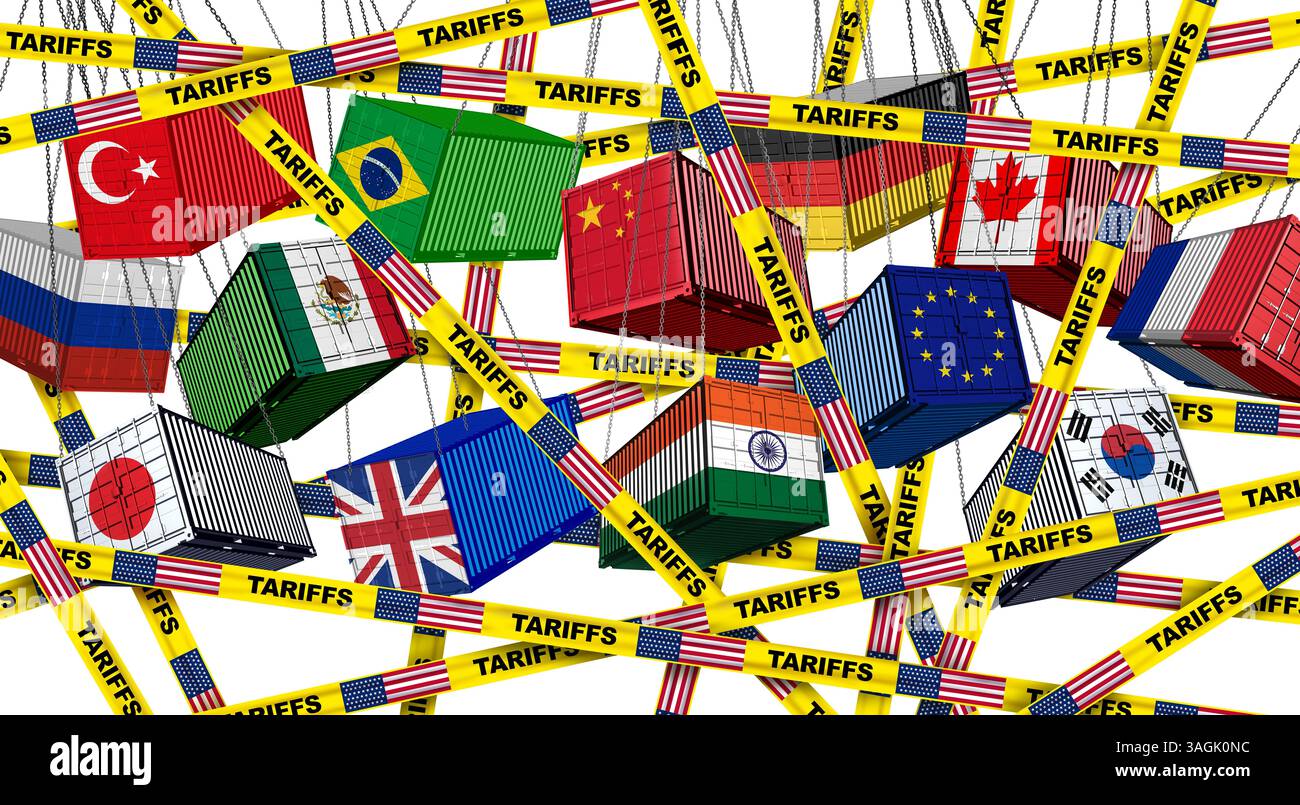 USA Global Tariffs Crisis und US-amerikanische Zoll- oder US-Regierungssteuer als prägende Handelspolitik oder Zölle auf Importe und Exporte durch eine Regierung Stockfoto