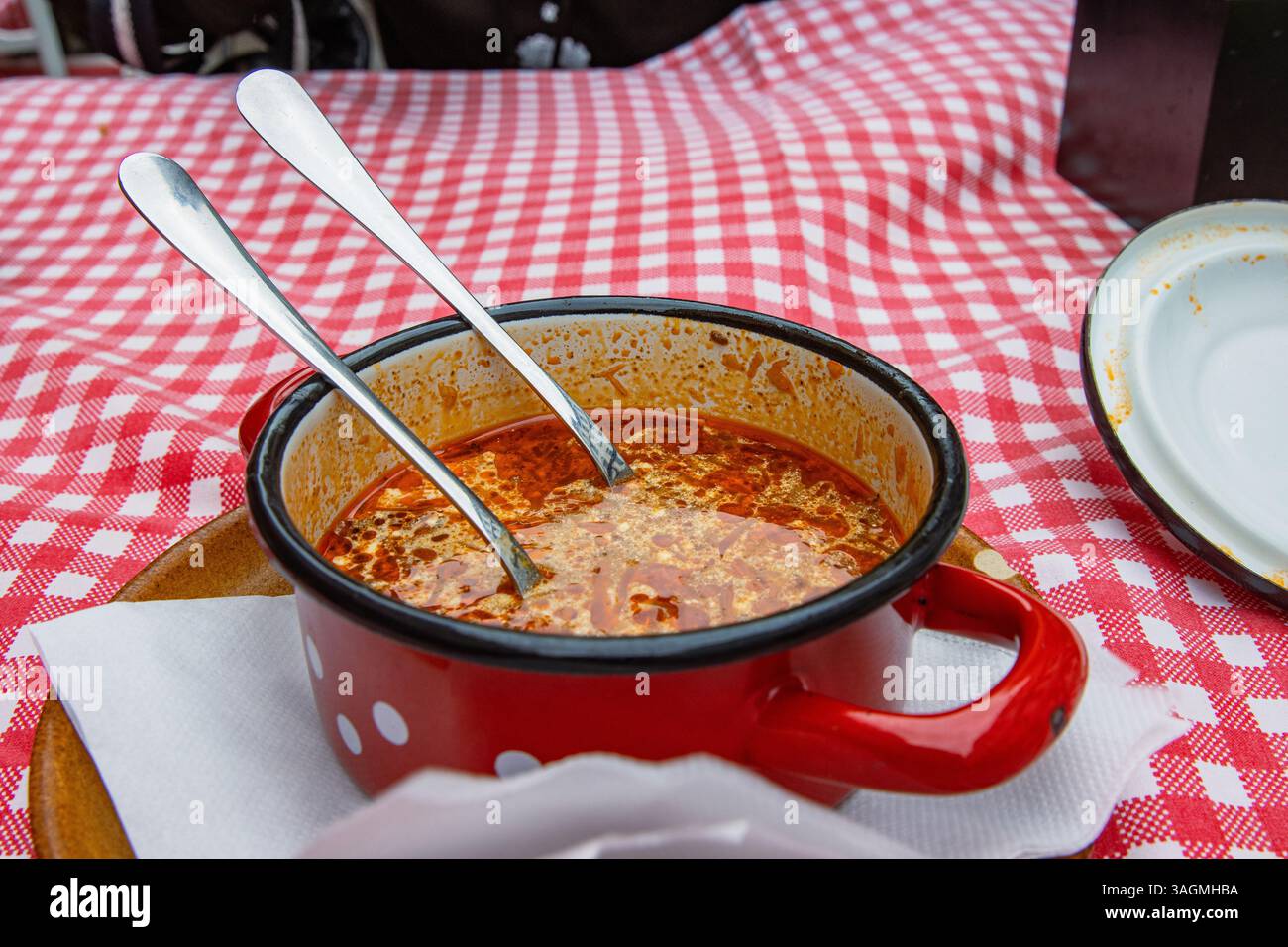 Traditionelle slowakische ukrainische Russische Kohlsuppe mit Wurst und Räucherfleisch, serviert in rotem Retro-Metalltopf mit zwei Löffeln. Schüssel mit köstlichem Soljan Stockfoto