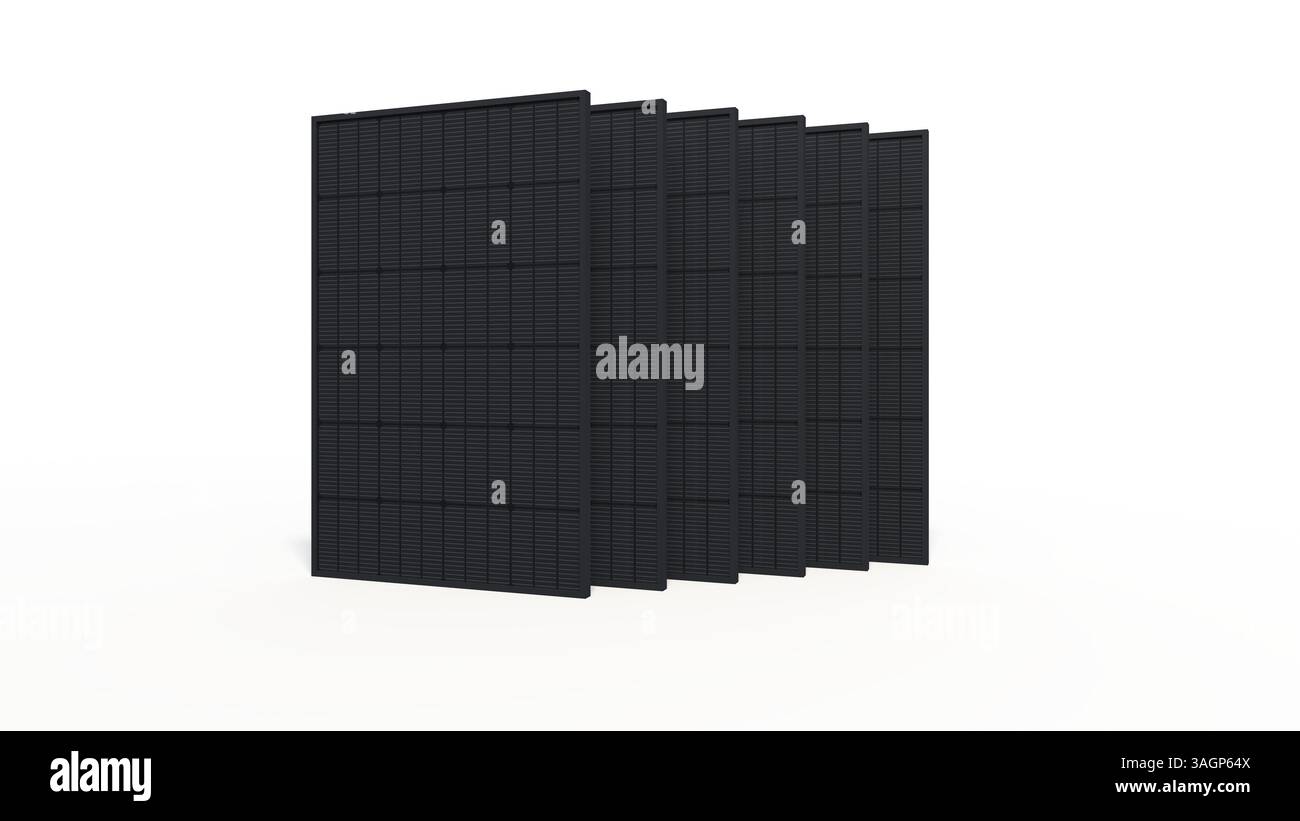Set mit 6 Solarpaneelen auf weißem Hintergrund – 3D-Rendering Stockfoto