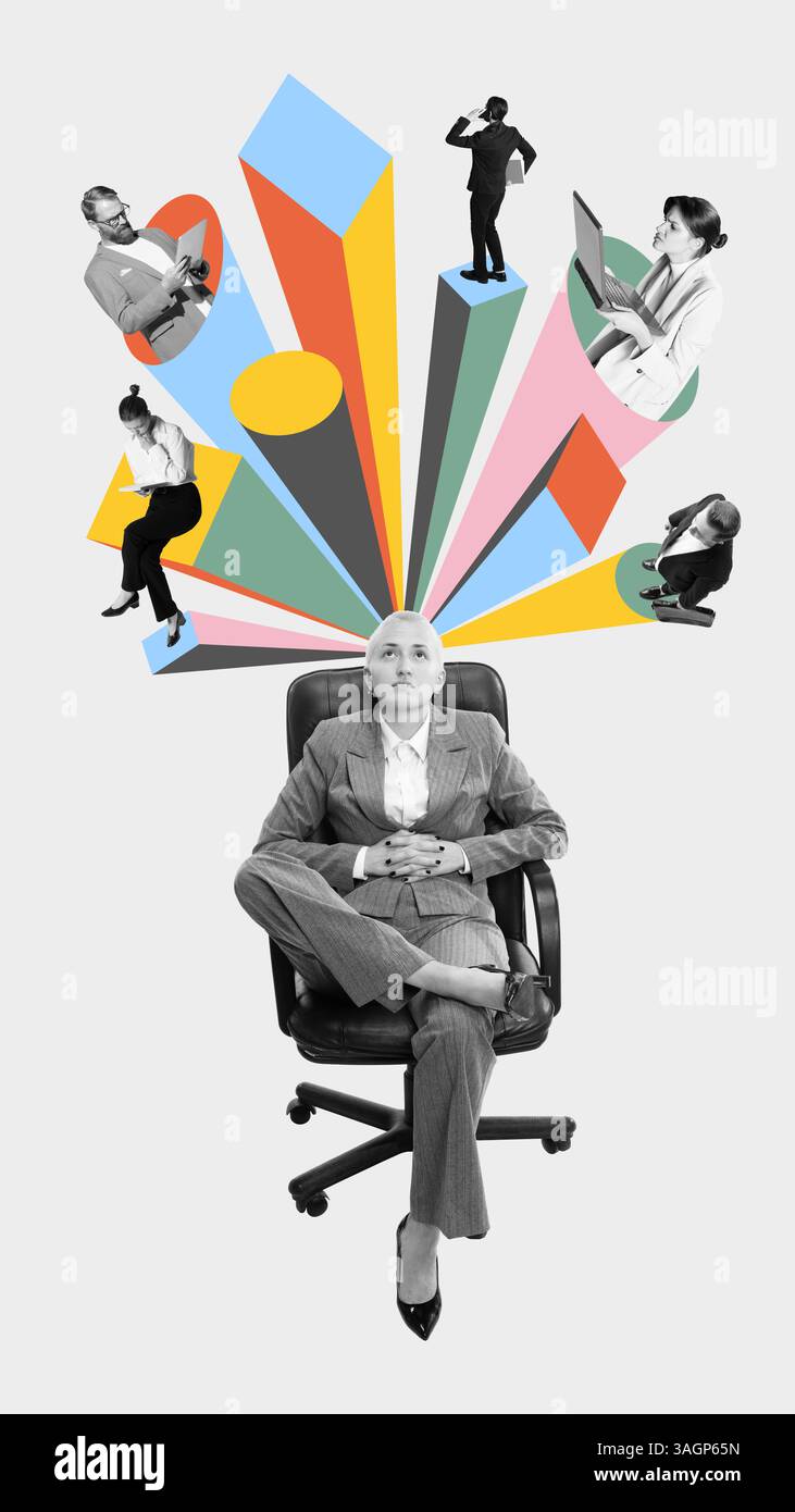 Collage globaler Remote-Teams. Zentrale Führungskraft mit lebhaften Verbindungen zu verteilten Mitarbeitern, digitalen Tools und freiberuflichem Input. Stockfoto