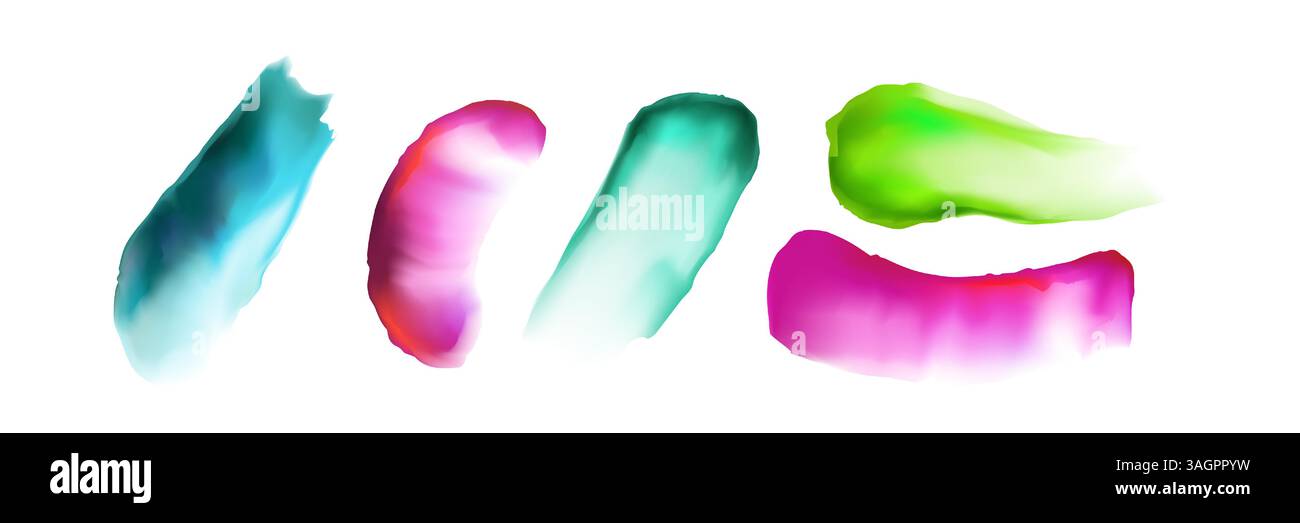 Bunte Aquarellpinselstriche – leuchtende grüne, rosa und blaue Farbpinselspritzer. Moderne flüssige Aquarellmalerei Flecken, Flecken, Flecken und Flecken. Leuchtende, flüssige Tintenflecken. Stock Vektor