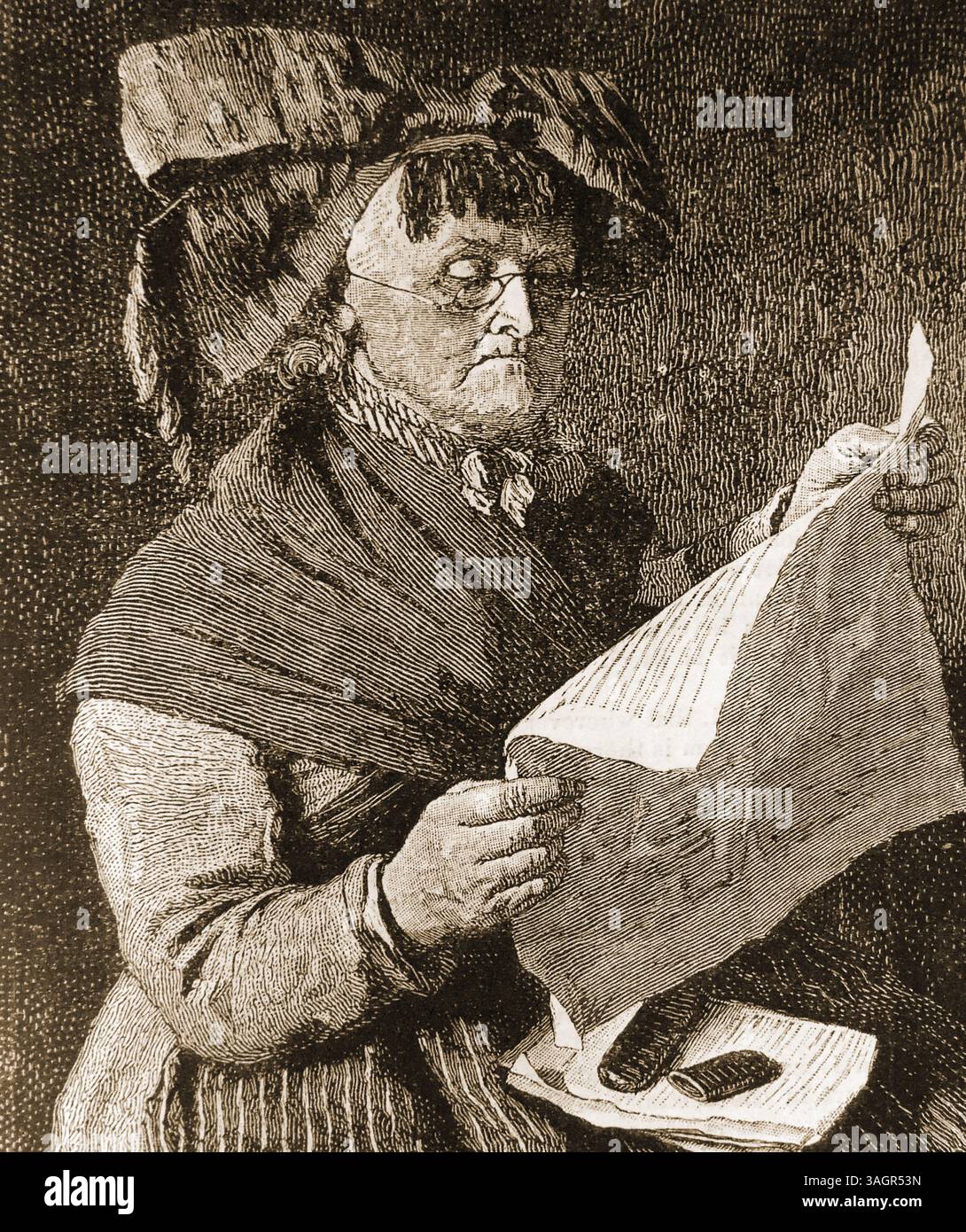 C1880, eine Norwegerin, die Zeitung liest und eine Brille trägt. - C1880, en norsk Dame Som leser avis og bruker Briller. - Stockfoto C1880, eine Norwegerin, die Zeitung liest und eine Brille trägt. - C1880, en norsk Dame Som leser avis og bruker Briller. - Stockfoto