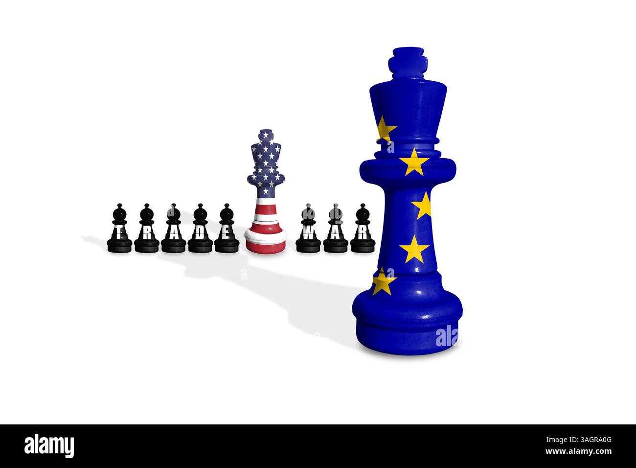 Schach aus US- und EU-Flaggen auf weißem Hintergrund mit WORTHANDEL. USA und Europäische Union: Handel, Zölle, Zollkrise Stockfoto