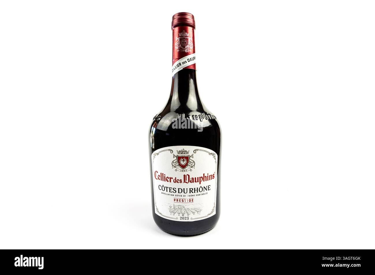 Flasche Côtes du Rhône Cellier des Dauphins Stockfoto