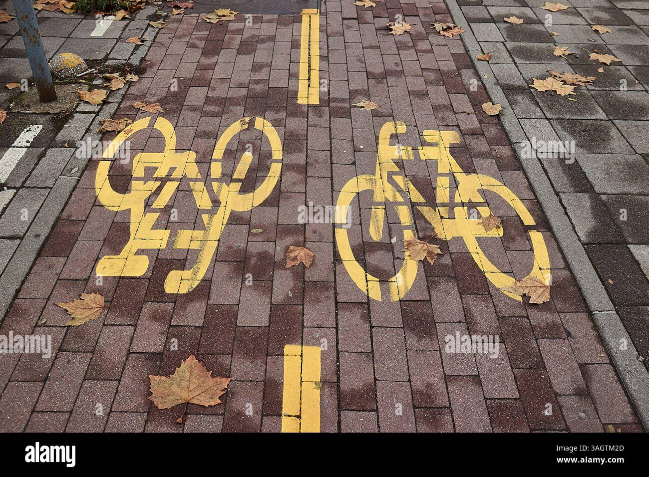 Fahrradspurschilder auf einer Stadtstraße Stockfoto