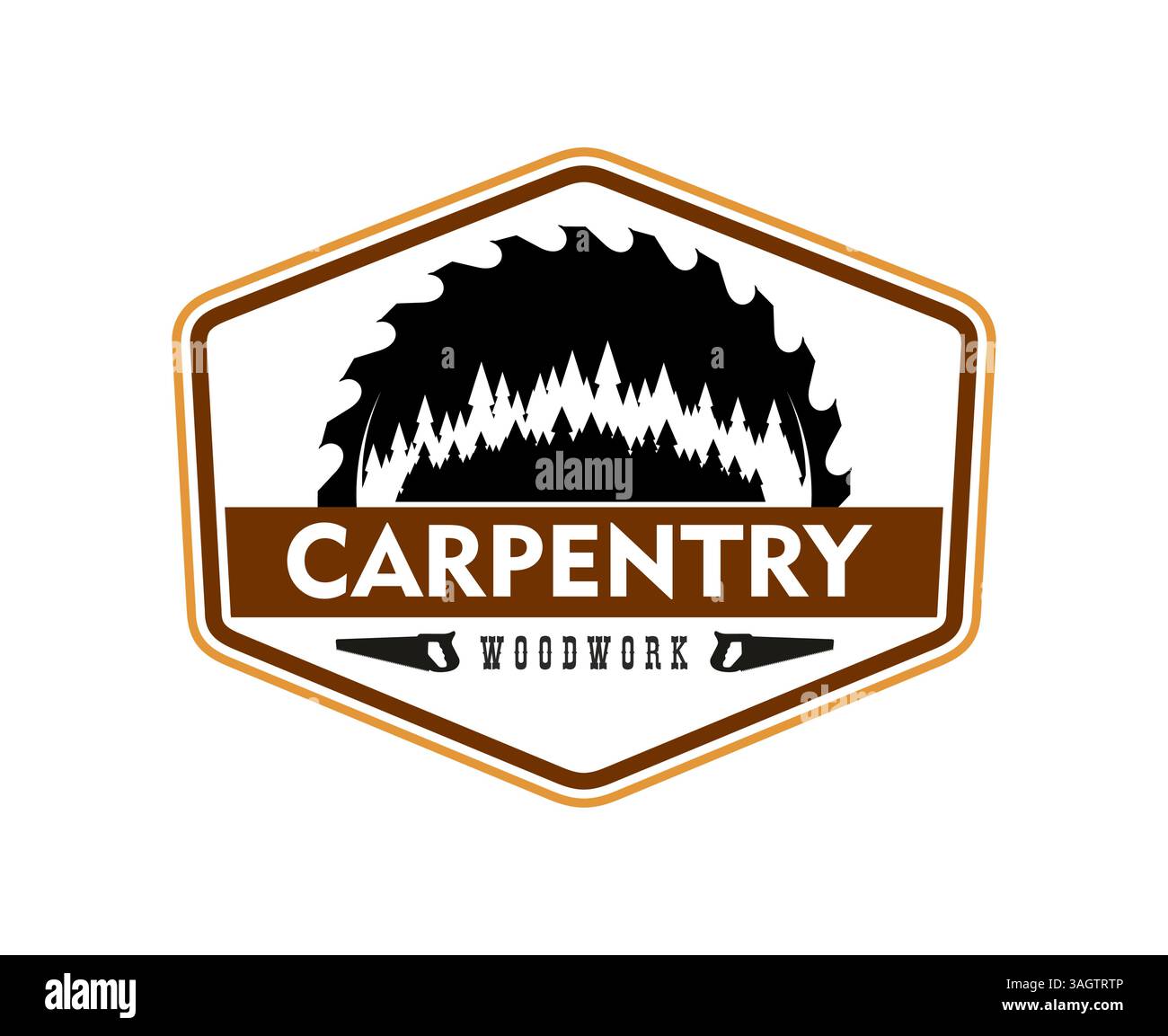 Tischlerei Holzarbeiten Ikone mit Sägeblatt und Kiefern Silhouette innen in sechseckiger Form mit braunen und schwarzen Farben. Isoliertes Vektoremblem für Holzbearbeitung oder Handwerkskunst Branding Stock Vektor