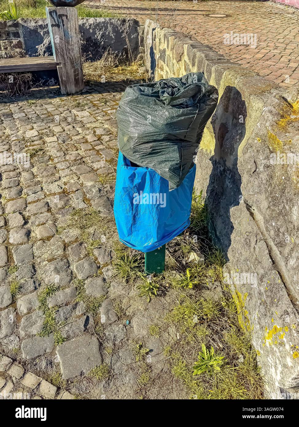 Überlaufender Mülleimer mit Plastiktüten im Park, Müllproblem, städtischer Abfall. Hochwertige Fotos Stockfoto