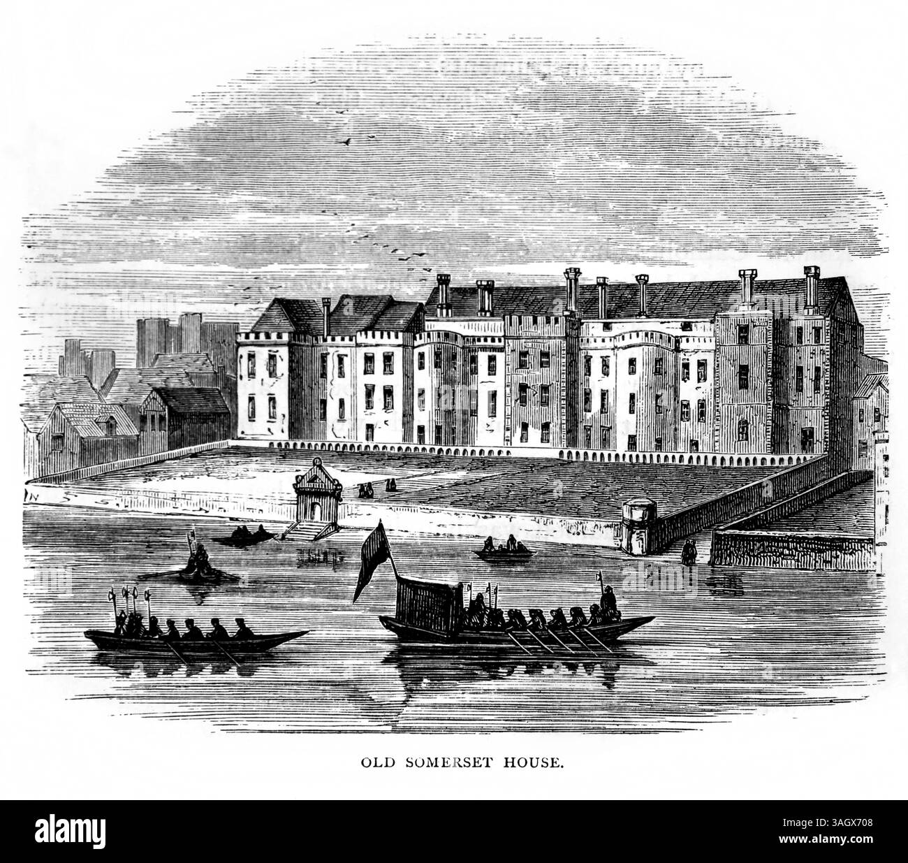 Illustration des Old Somerset House an der Themse Edward Seymour Duke of Somerset ließ es bauen und nach seiner Hinrichtung die zukünftige Königin Elizabe Stockfoto