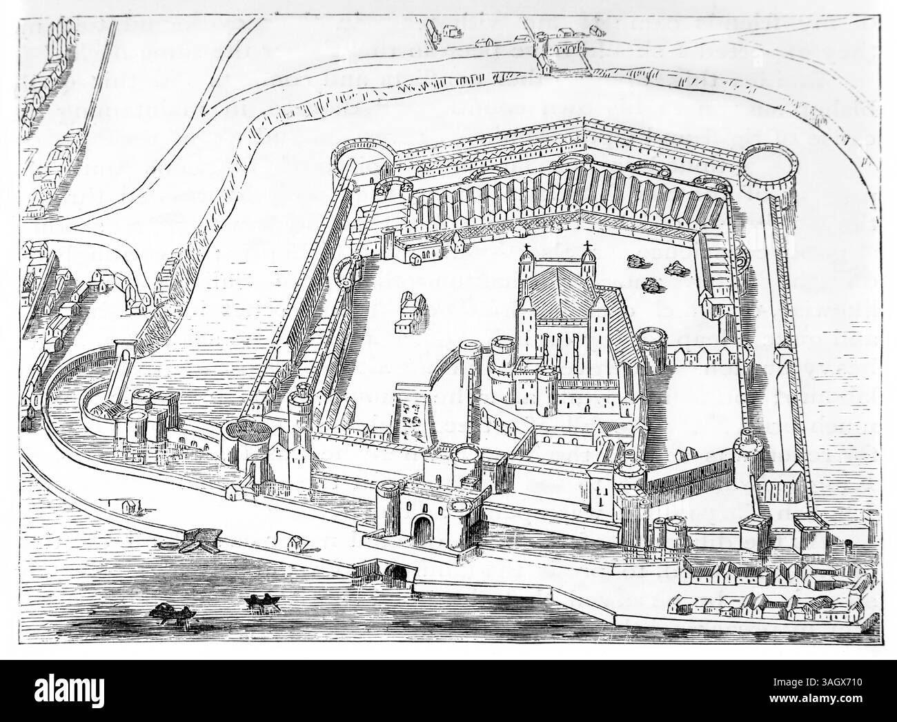 Illustration einer Vogelperspektive des Tower of London im 16. Jahrhundert aus Antique die 1866er Ausgabe von Foxe's Book of Martyrs (The Book of Mart) Stockfoto