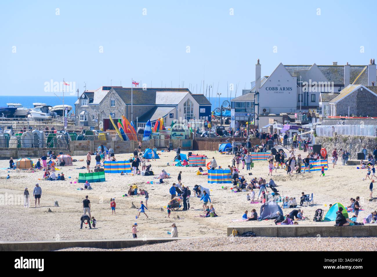Lyme Regis, Dorset, Großbritannien. April 2025. Wetter in Großbritannien: Besucher und Einheimische genießen warme Sonne im Badeort Lyme Regis, während Großbritannien einen weiteren warmen und sonnigen Tag während der Schulferien genießt. Quelle: Celia McMahon/Alamy Live News Stockfoto