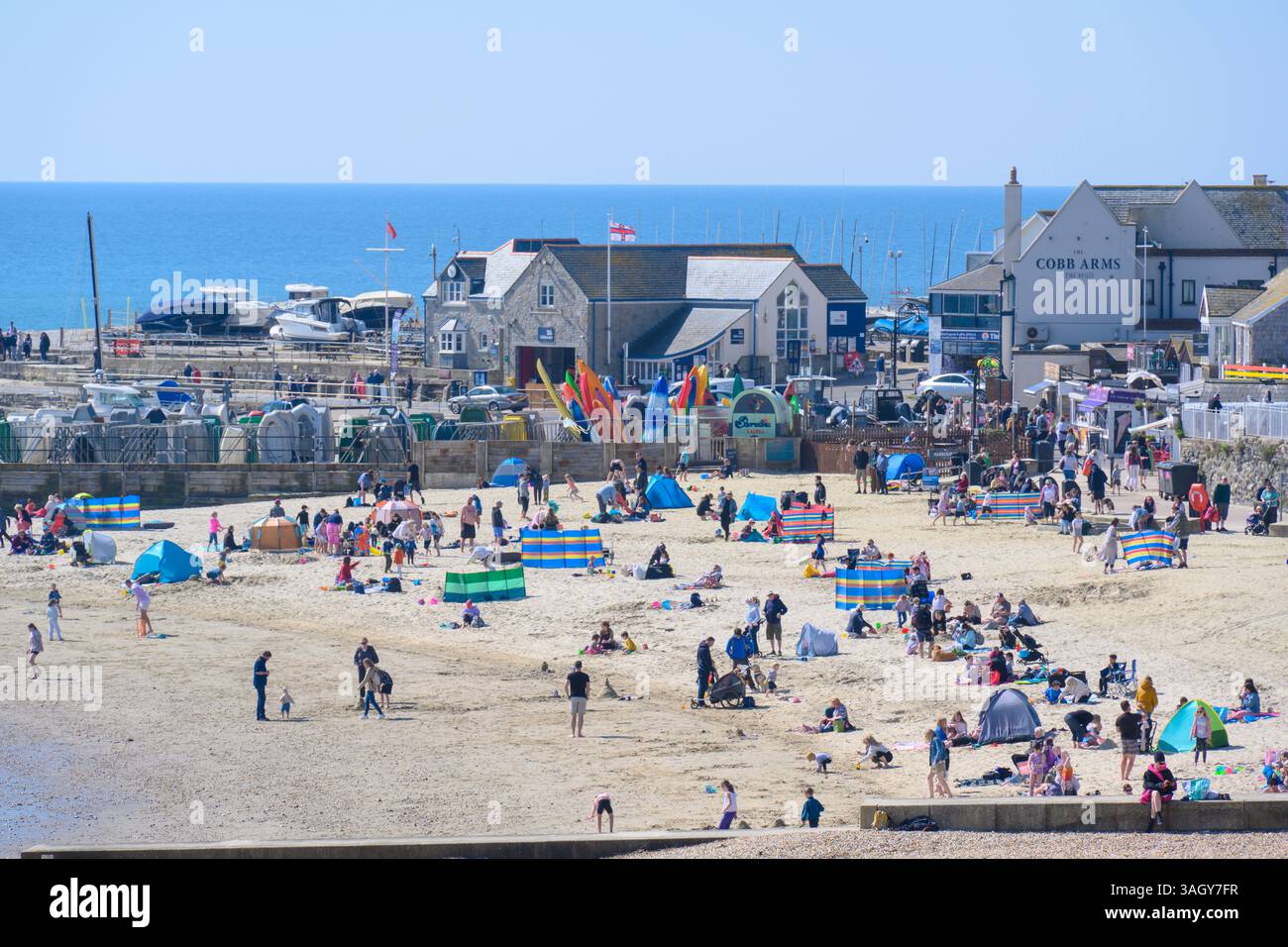 Lyme Regis, Dorset, Großbritannien. April 2025. Wetter in Großbritannien: Besucher und Einheimische genießen warme Sonne im Badeort Lyme Regis, während Großbritannien einen weiteren warmen und sonnigen Tag während der Schulferien genießt. Quelle: Celia McMahon/Alamy Live News Stockfoto