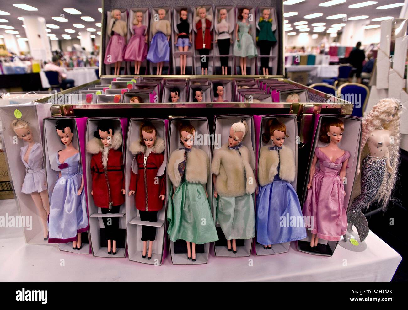 09. Juli 2009 – Washington, District of Columbia, USA – Barbies werden im Verkaufsraum der National Barbie Doll Collectors Convention ausgestellt. Etwa 1.200 Barbie-Fans aus aller Welt trafen sich in der US-Hauptstadt, um das 50. Jubiläum der berühmtesten Puppe der Welt zu feiern und sich an vier Tagen von Barbie inspirierten Veranstaltungen zu erfreuen. Es wird geschätzt, dass in den letzten 50 Jahren mehr als eine Milliarde Barbies verkauft wurden und dass 90 % der amerikanischen Mädchen mindestens eine Barbie-Puppe haben. (Kreditbild: © Brian Cahn/ZUMA Press) Stockfoto