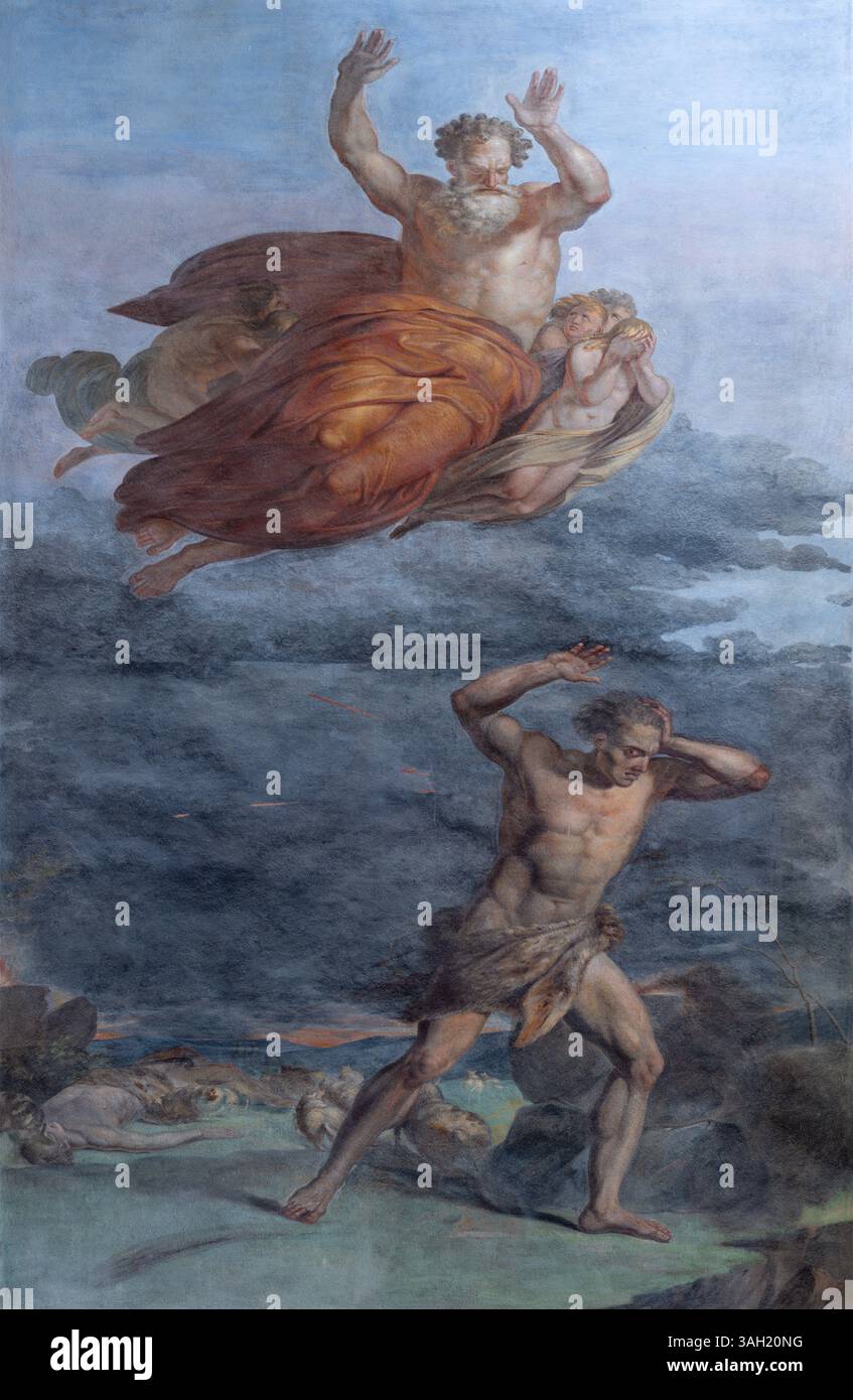 PISTOIA, ITALIEN – 16. MÄRZ 2025: Das Fresko von Kain hört die Götterstrafe in der Basilica della Madonna dell’Umiltà von Nicola Monti (1781–1864). Stockfoto