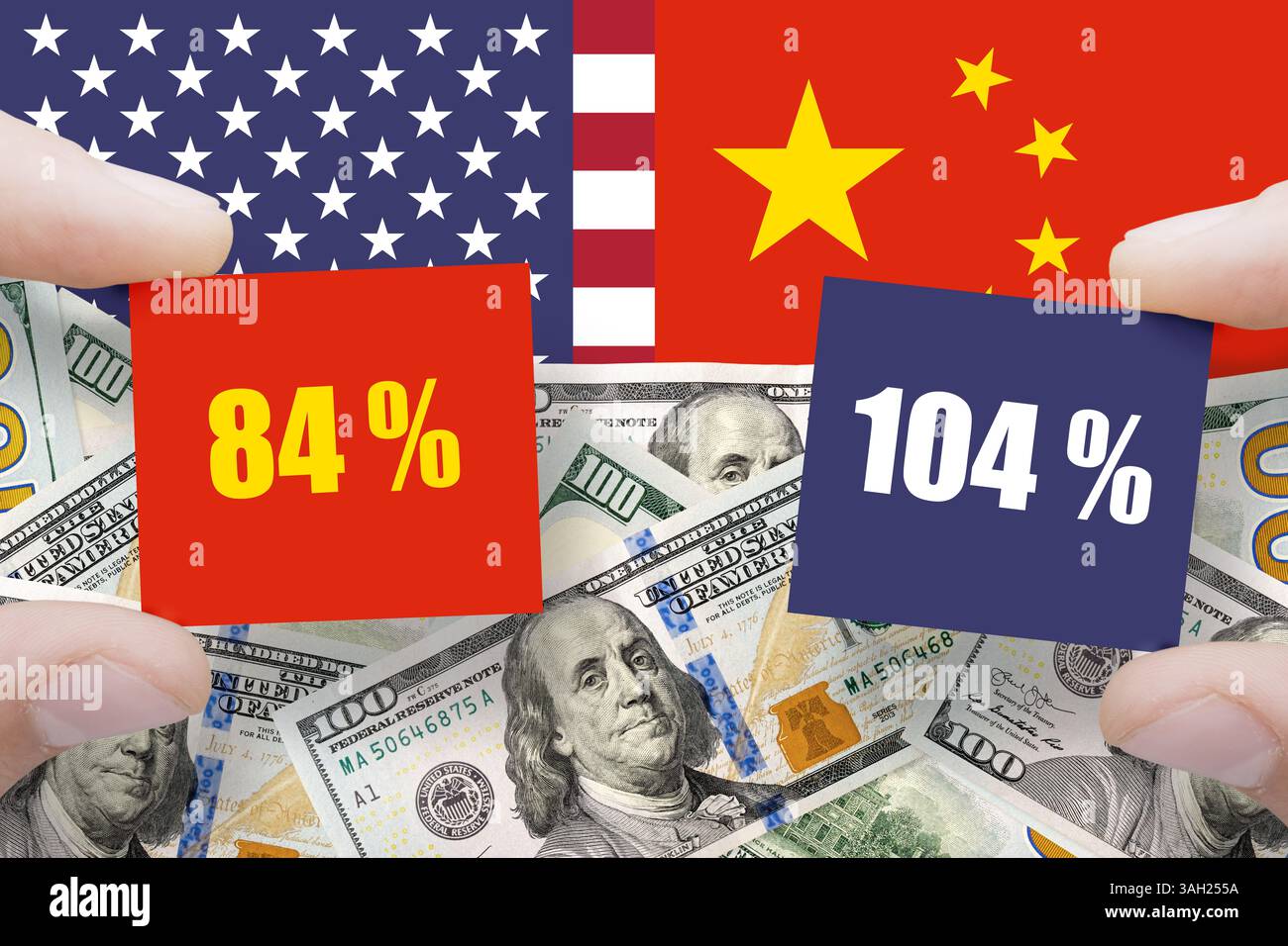 Handelskrieg der USA und Chinas. China und die Vereinigten Staaten von Amerika: Handel, Zölle, Zollwettbewerb Stockfoto