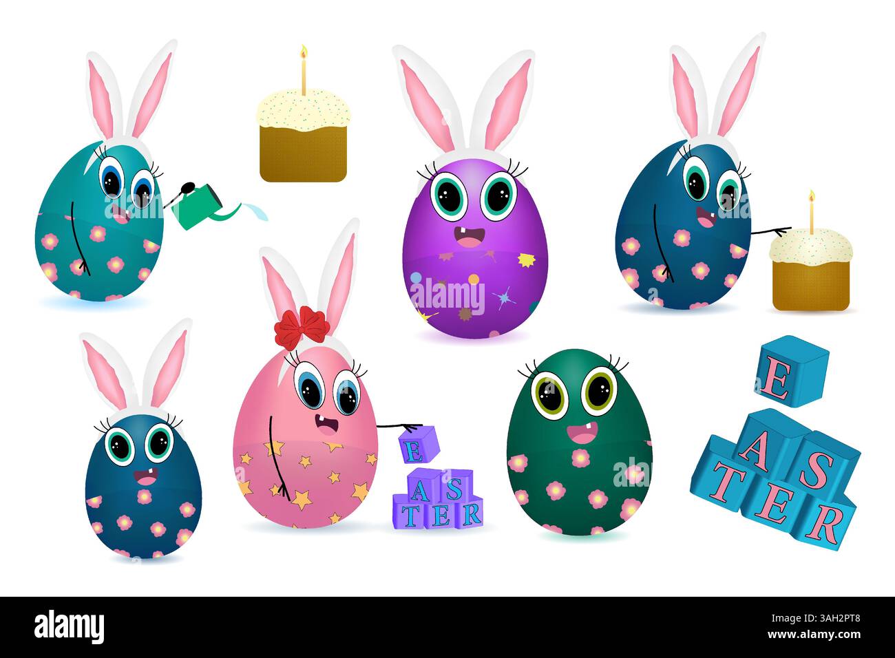 3D-Clip-Art-Set mit anthropomorphen Charakteren - dekorierte Ostereier Babys mit Hasenohren, verspielte Ausdrücke und Lächeln, festliche Osterzeit ca. Stock Vektor
