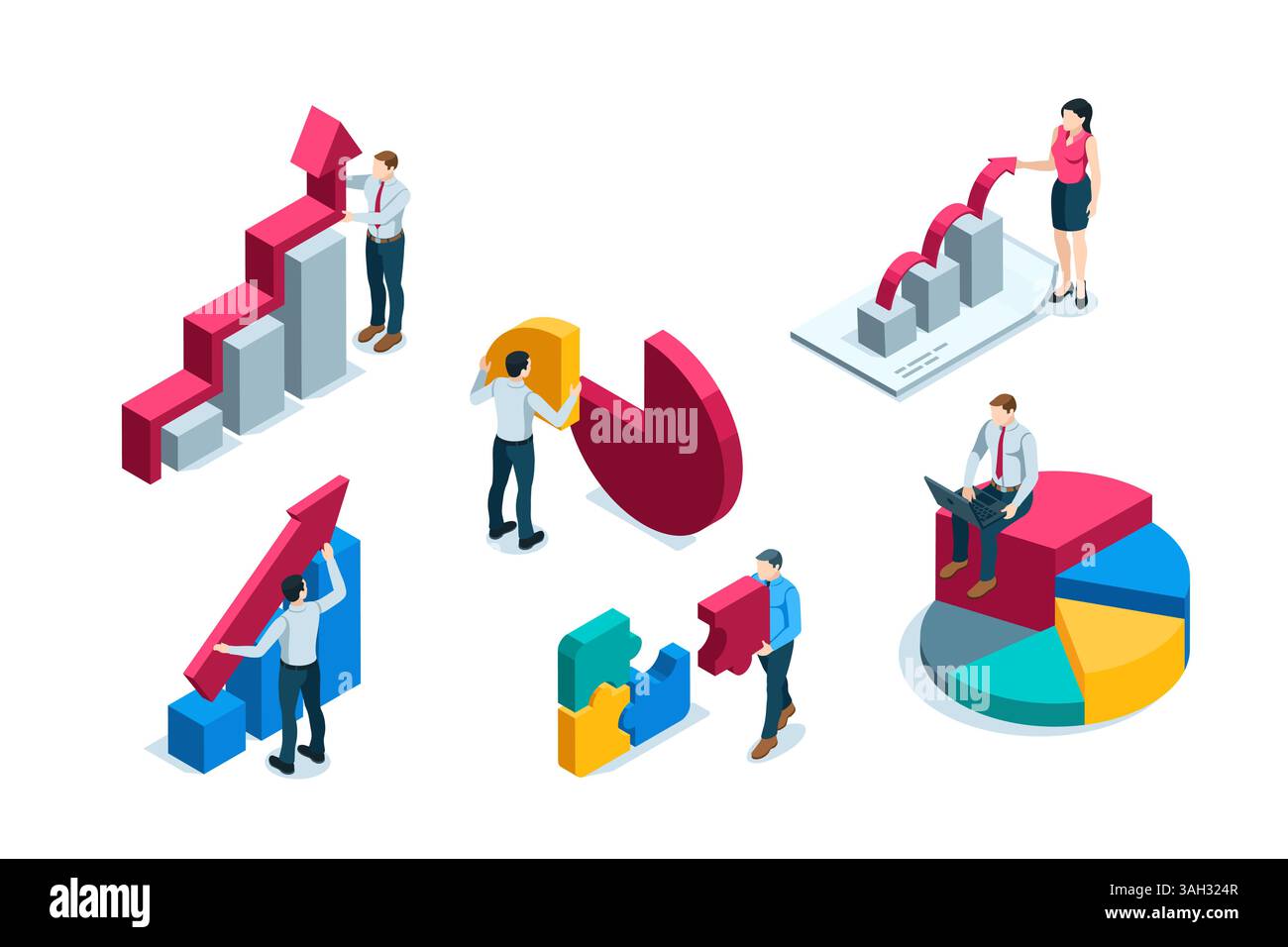 Isometrische Geschäftsleute, die mit Diagrammen arbeiten, farbig auf weißem Hintergrund, mit Statistiken oder Finanzanalysen arbeiten Stock Vektor