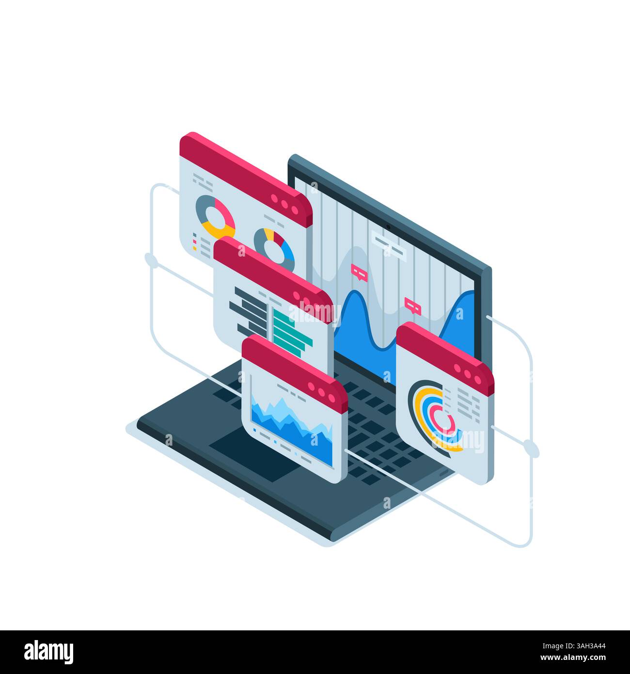 Isometrischer Laptop mit Diagrammen und Fenster mit Diagrammen, in Farbe auf weißem Hintergrund, statistische Datenverarbeitung im Unternehmen Stock Vektor