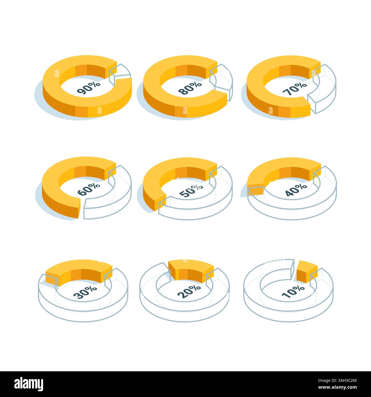 Isometrischer Satz von Kreisdiagrammen von 10 bis 90 %, in Farbe auf weiß, statistische Daten oder Datenvisualisierung Stock Vektor