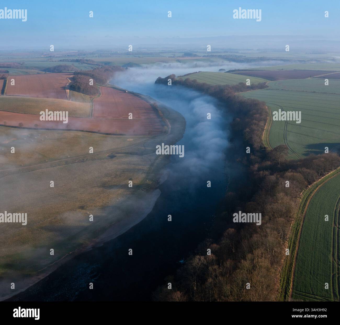Nebel über dem Fluss Tweed östlich von Norham, wo der Fluss die Grenze zwischen Schottland und England bildet Stockfoto