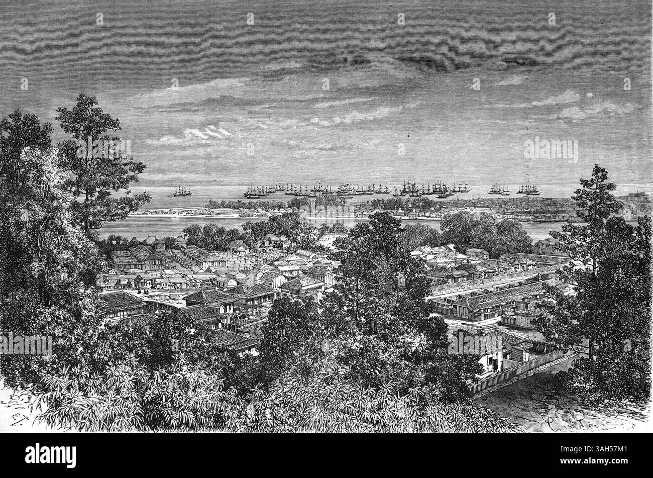 Panorama- oder Panoramablick über Benten oder Benten-dori Viertel von Yokohama Japan. Vintage oder historische Gravur oder Illustration 1866 Stockfoto