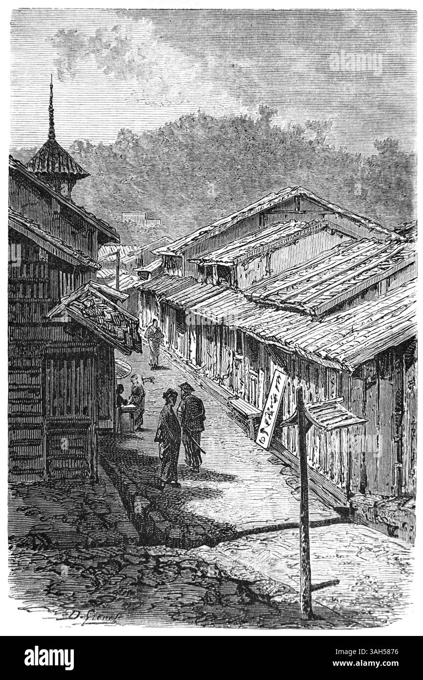 Frühe Ansicht oder Straßenszene in der Stadt Shimonoseki, Präfektur Yamaguchi, Japan. Vintage oder historische Gravur oder Illustration 1866 Stockfoto