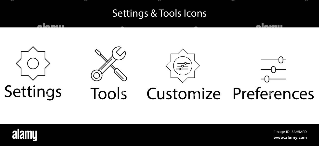 Einstellungen Tools Einstellungen anpassen Symbole für UI UX Web und App Interface Design festgelegt. Stock Vektor