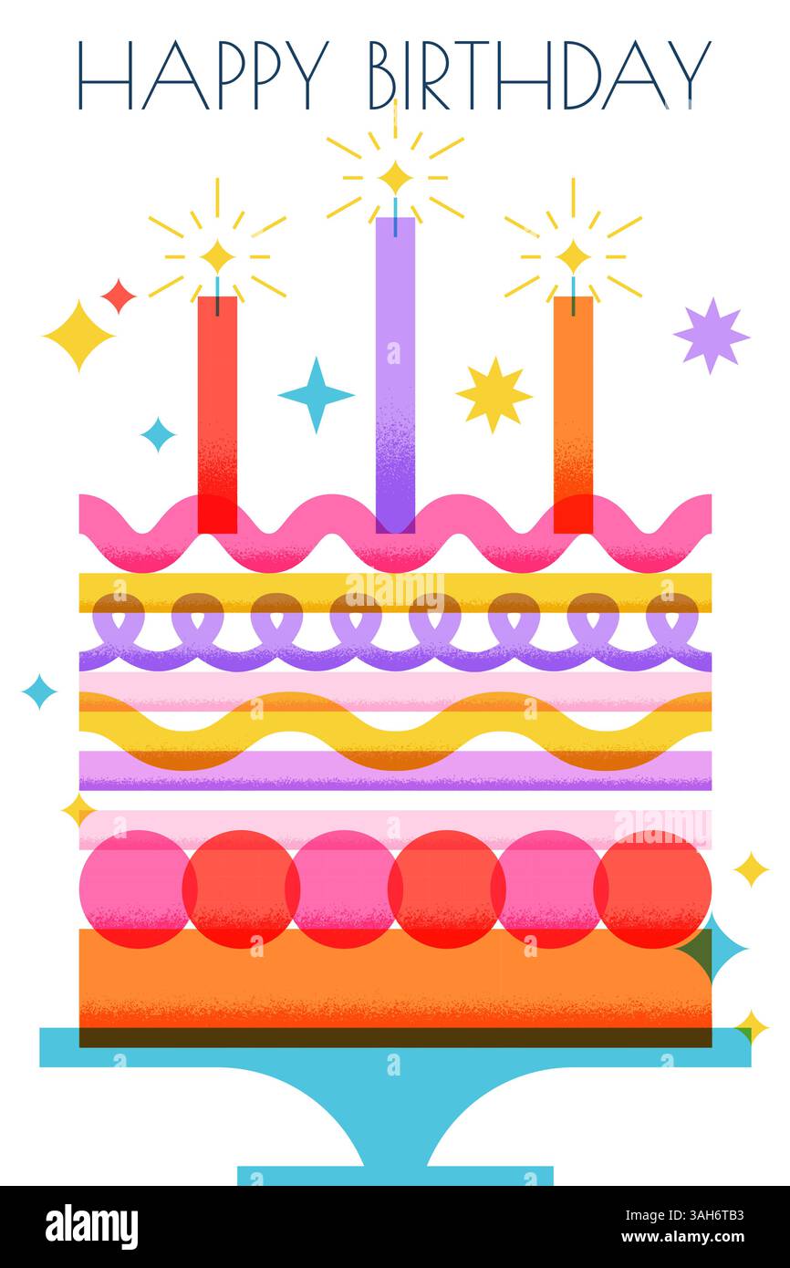 Happy Birthday Grußkarte mit mehrlagigem Regenbogenkuchen. Geometrische Vektorabbildung isoliert auf weißem Hintergrund. Einladung zur Feiertagsparty Stock Vektor