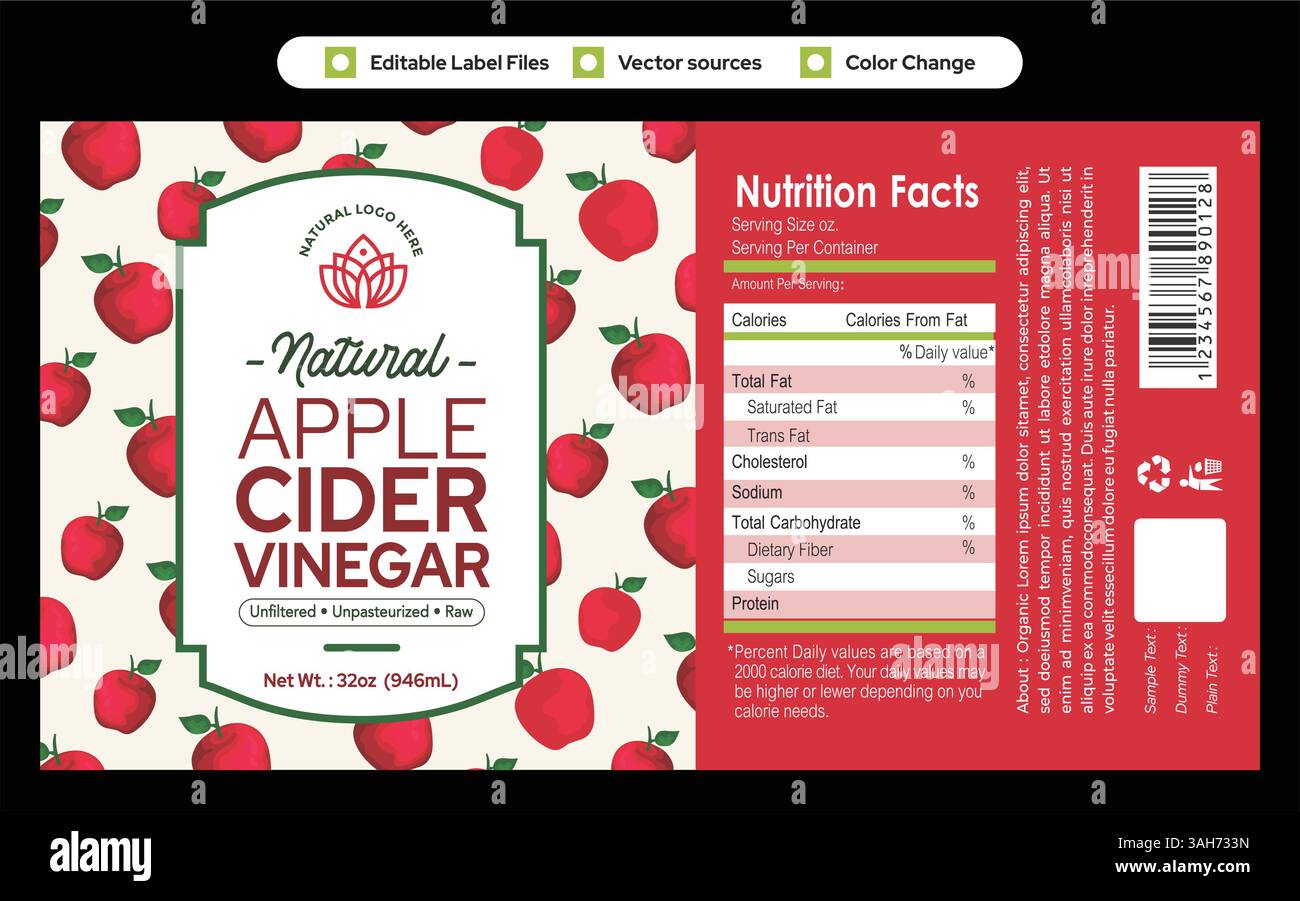 Etikettendesign für Apfelessig, Verpackungsdesign, Flaschenetikett-Design, Obst-Gemüseessig, Verpackungsdesign für natürliche organische Produkte Stock Vektor