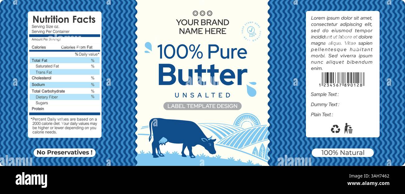 Pure Butter Label Design – Premium Qualität Milchprodukte Verpackung Vektor Vorlage hochwertige editierbare Vektordatei drucken bereit Stock Vektor