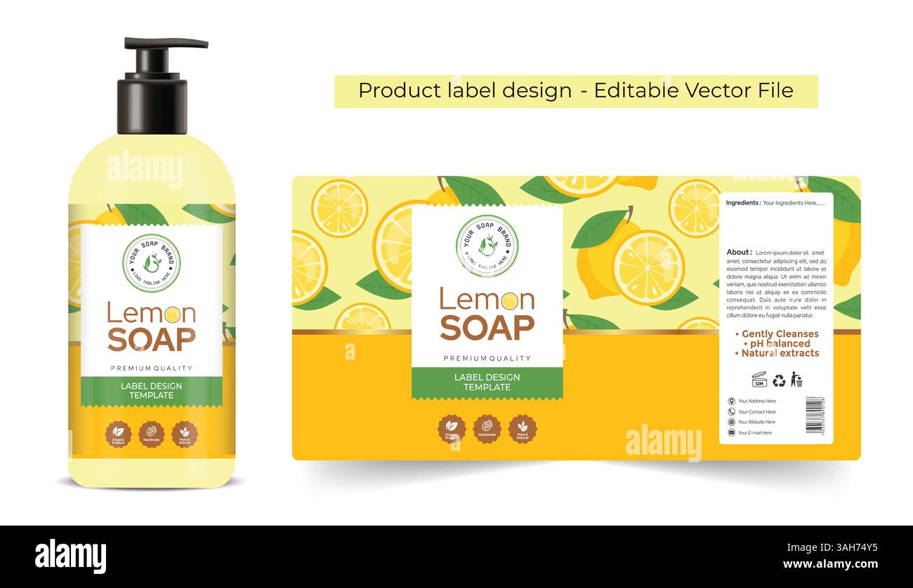 Zitronenseife Verpackung, Zitronenseife Etikettendesign, Produktetikett Design Flaschenverpackung, Kosmetik Schönheit Essential Schaumpumpe Flasche natürlich Stock Vektor
