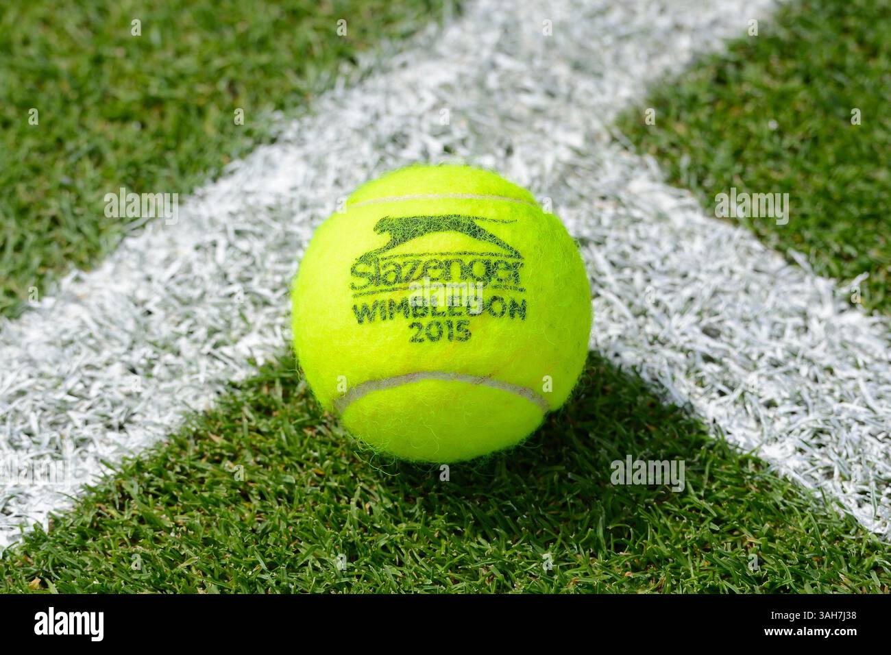 19. Juni 2015 - Birmingham, England - Ein Slazenger Wimbledon Tennisball wird auf dem Rasenplatz im Edgbaston Priory Club in Birmingham gezeigt (Bild: © Christopher Levy/ZUMA Wire/ZUMAPRESS.com) Stockfoto