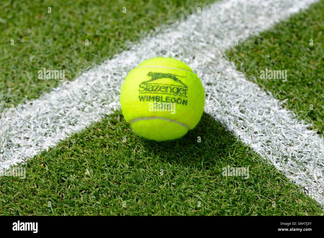 19. Juni 2015 - Birmingham, England - Ein Slazenger Wimbledon Tennisball wird auf dem Rasenplatz im Edgbaston Priory Club in Birmingham gezeigt (Bild: © Christopher Levy/ZUMA Wire/ZUMAPRESS.com) Stockfoto