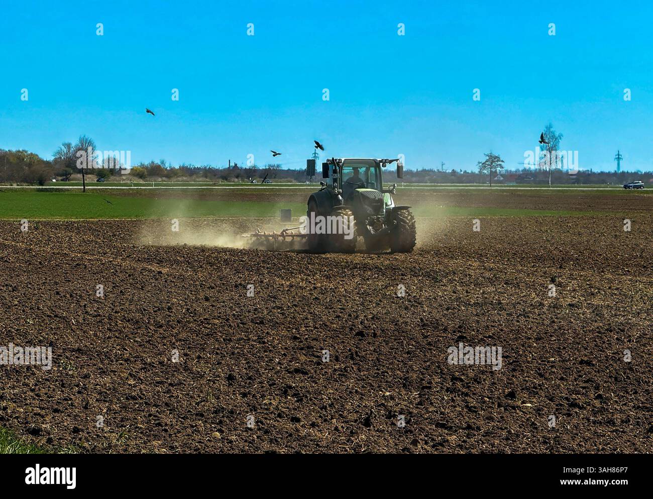 09.04.2025, Landwirt auf seinem Feld bei Bad Wörishofen im Unterallgäu, der Boden ist trocken, es staubt bei der Überfahrt mit dem Grubber. 09.04.2025, Landwirtschaft 09.04.2025, Landwirtschaft *** 09 04 2025, Landwirt auf seinem Feld bei Bad Wörishofen im Unterallgäu, der Boden ist trocken, er ist staubig beim Überfahren mit dem Kultivator 09 04 2025, Landwirtschaft 09 04 2025, Landwirtschaft Stockfoto