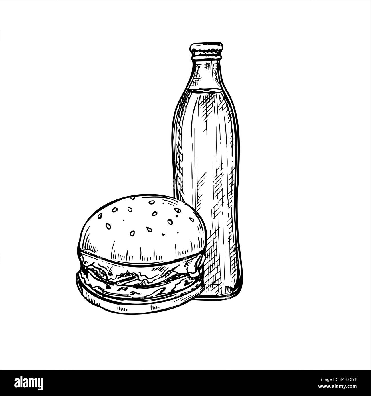 Zerschmettern Sie Burger und Glasflasche mit kohlensäurehaltigem Getränk schwarzer Tinte Vektor Illustration. Bier, Limonade oder Tonic Drink und Sandwich-Kombination zum Mittagessen Stock Vektor