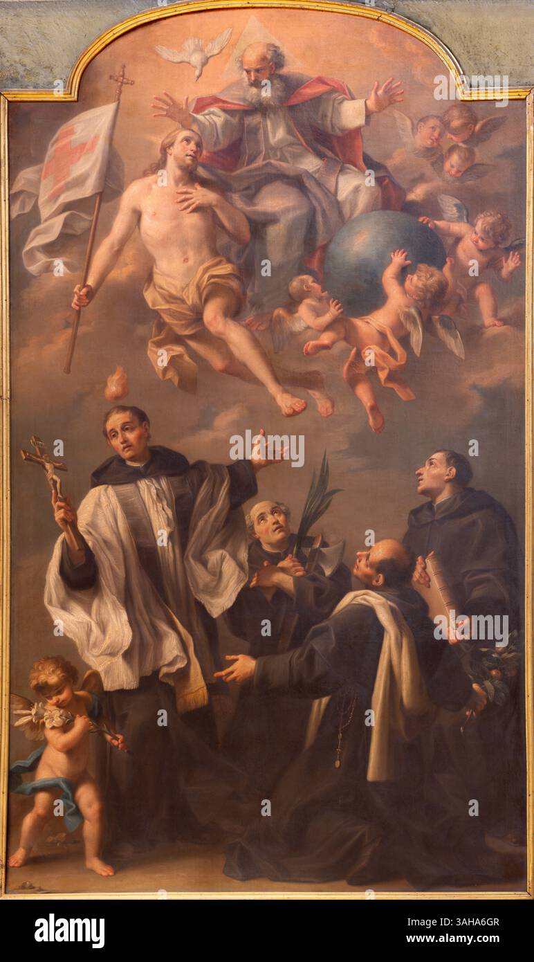 BOLOGNA, ITALIEN - 22. MÄRZ 2025: Das Gemälde der Heiligen Dreifaltigkeit unter den Seligen in der Kirche Basilica di Santa Maria dei Servi Stockfoto