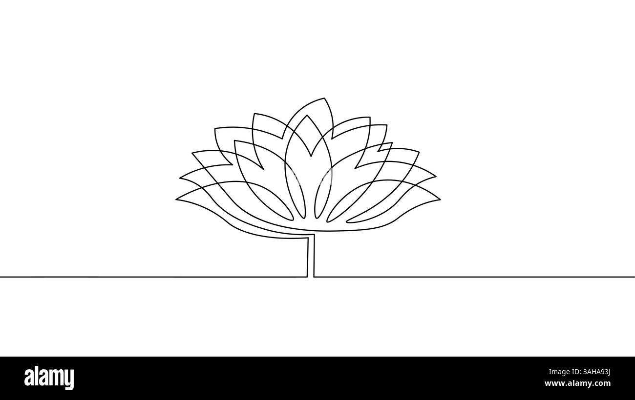 Einzeilige Lotusblume. Minimalistischer Stil mit Blütenblättern. Meditation Wellness Yoga Schönheit Zen. Einfacher Umriss, flacher weißer Hintergrund Stock Vektor
